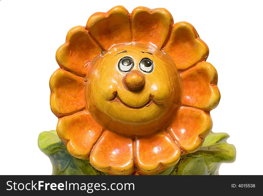 Ceramic ornamental flowerpot with smiling sun on white background