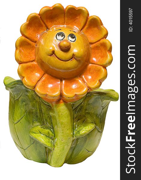 Ceramic ornamental flowerpot with smiling sun on white background