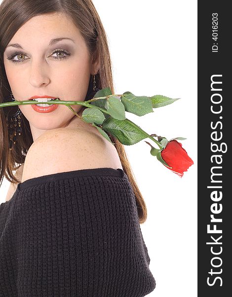 Beautiful brunette with a red rose isolated on white