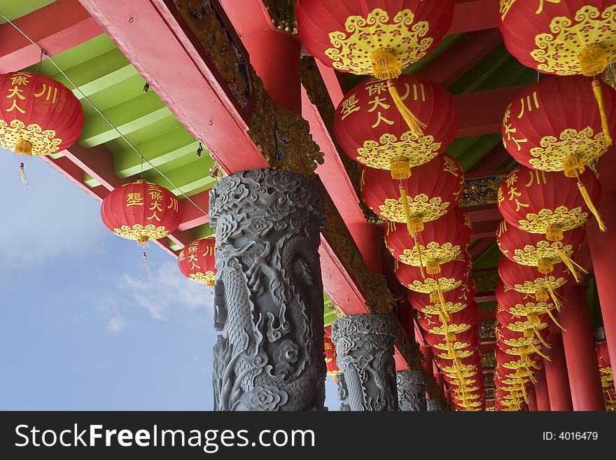 Low angle shot of chinese paper lantern inside buddha temple