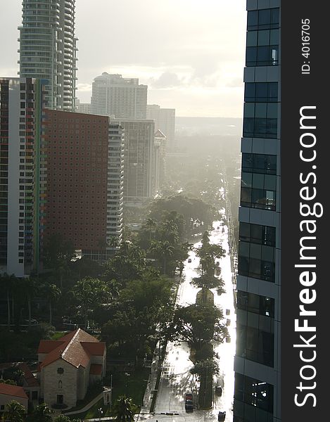 North to South view of brickell avenue after a rain shower, (Miami, Fl).