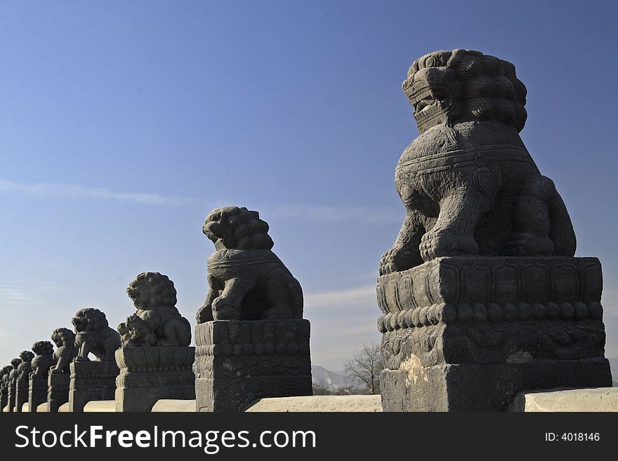 Chinese stone lion. It was built in Jin Dynasty of China, i.e. 1189 years. Here is the first of famous bridge that China is the three ancient ---Beijing Lugou Bridge. There are 485 all kinds of stone lions in all on the bridge. Chinese stone lion. It was built in Jin Dynasty of China, i.e. 1189 years. Here is the first of famous bridge that China is the three ancient ---Beijing Lugou Bridge. There are 485 all kinds of stone lions in all on the bridge