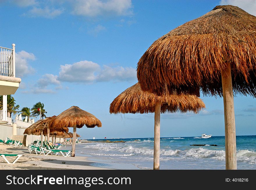 Beach Green Chairs , Blue Ocean And Umbrellas 2