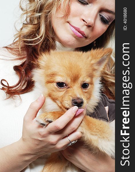 A girl is playing with her cute pet. A girl is playing with her cute pet