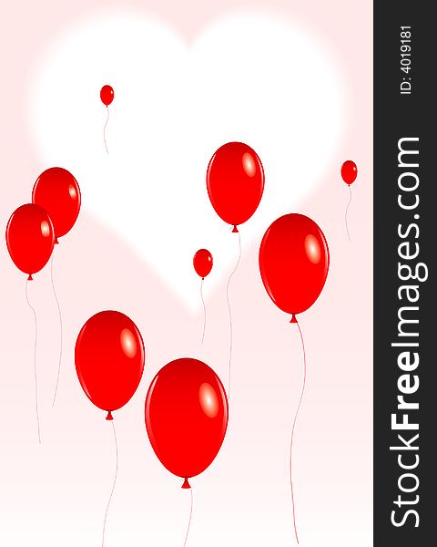 Vector illustration of a group of red valentine balloons floating in front of a heart shaped background