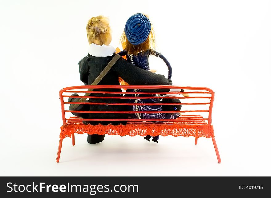 Girl and Boy on the Bench.. In White Background...