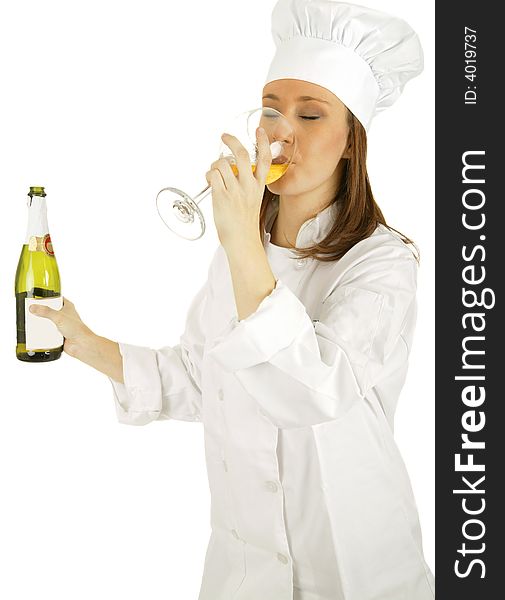 Chef drinking champagne and holding champagne bottle