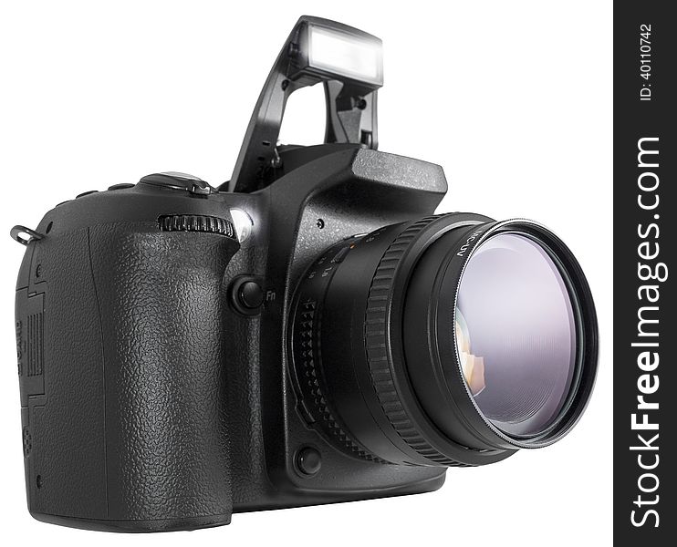 Black DSLR open its build-in flash and lens with UV filter isolated on white