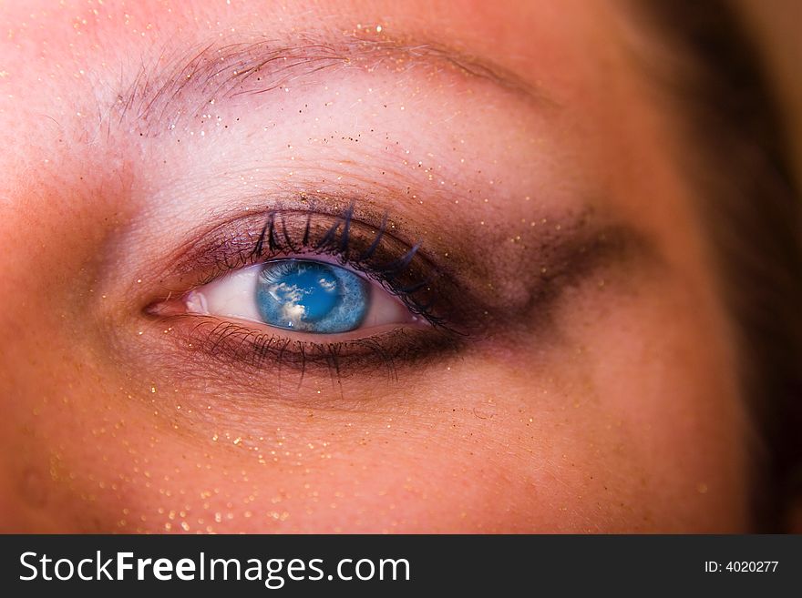 Cloudly sky reflection in the woman eye. Cloudly sky reflection in the woman eye