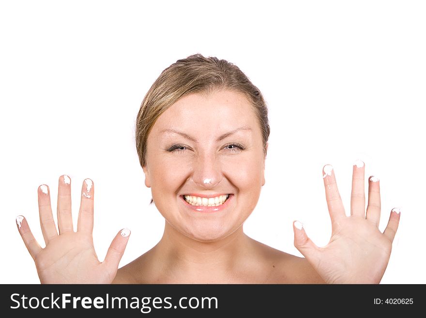Young pretty woman smile with cream on fingers - natural beauty. Young pretty woman smile with cream on fingers - natural beauty