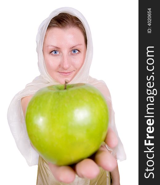 Mysterious lady with green apple. Mysterious lady with green apple