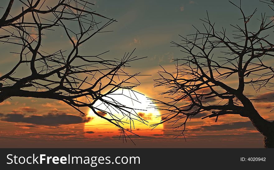 Tree silhouettes  at sunset - 3d scene. Tree silhouettes  at sunset - 3d scene.