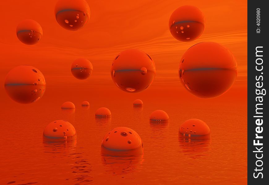 Red balls rising from the sea - digital artwork. Red balls rising from the sea - digital artwork.