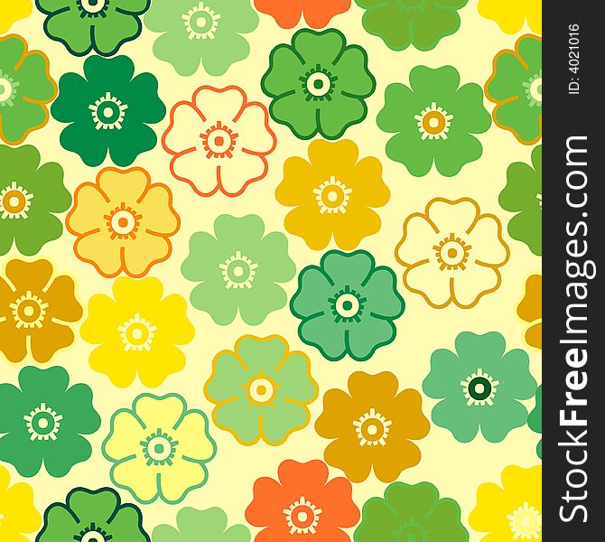 Vivid, colorful, repeating flower background on yellow. Vivid, colorful, repeating flower background on yellow