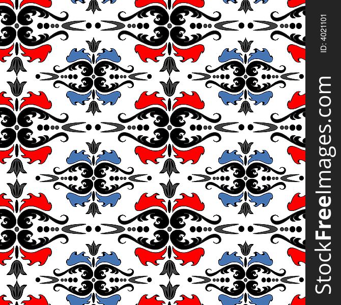 Seamless ornament vector pattern with red and blue elements on white. Seamless ornament vector pattern with red and blue elements on white