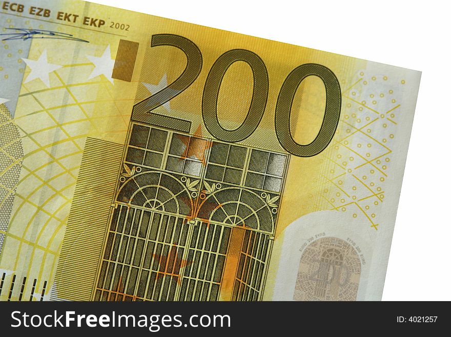 Detail of a note of 200 euro isolated on white