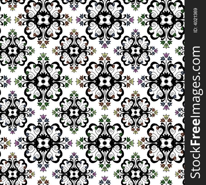 Seamless ornament vector pattern with coloured flowers on white. Seamless ornament vector pattern with coloured flowers on white