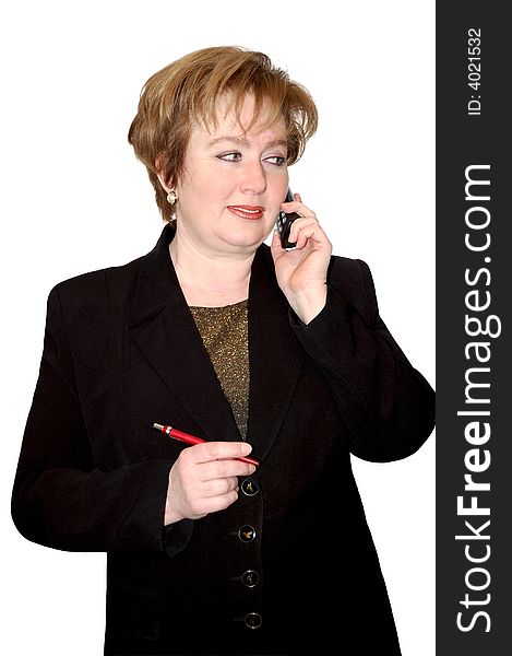 Adult businesswoman with phone isolated over a white background