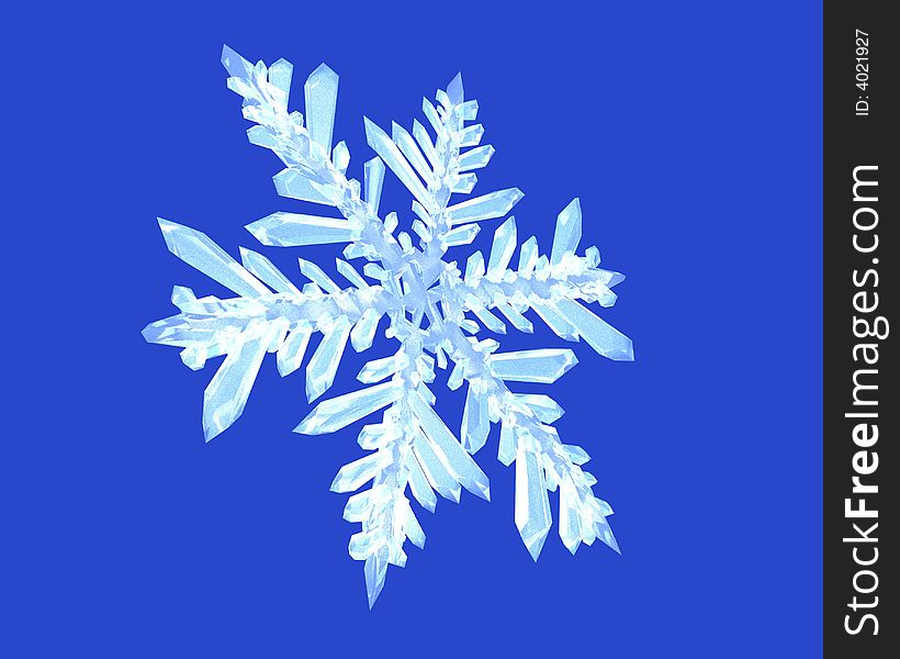 Close-up of a blue spiky snowflake with multiple reflections. 3D illustration.