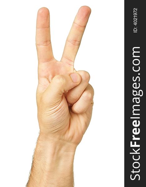 Portrait photo of an isolated male hand making the victory gesture. Portrait photo of an isolated male hand making the victory gesture