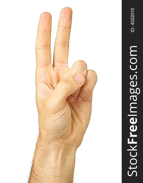 Portrait photo of an isolated male hand showing two fingers. Portrait photo of an isolated male hand showing two fingers