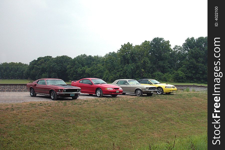 A group of vintage Ford Mustangs parked after a cruise on a rainy summer day. A group of vintage Ford Mustangs parked after a cruise on a rainy summer day