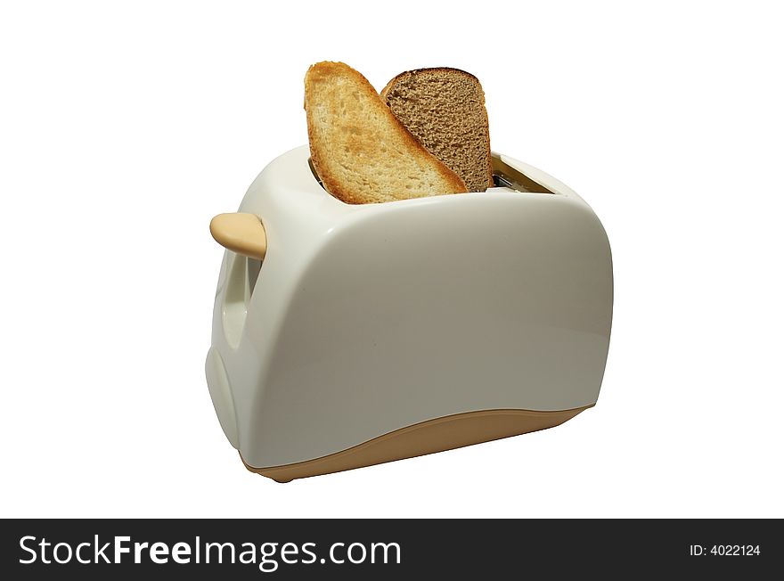 White toaster with white bread toast and rye-bread toast on white background