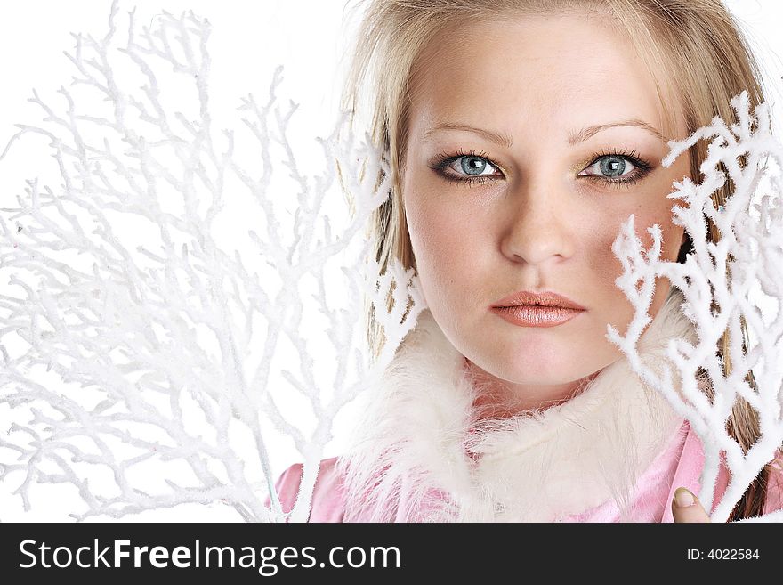 The portrait of the beautiful girl on white background