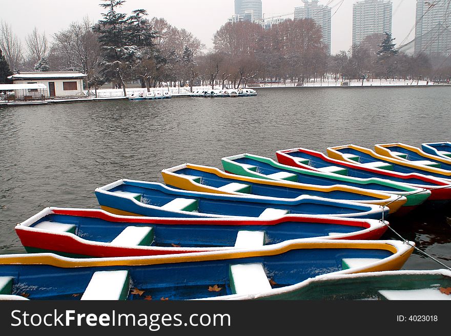 Boats  of park in snow.Xi'an,China. Boats  of park in snow.Xi'an,China.