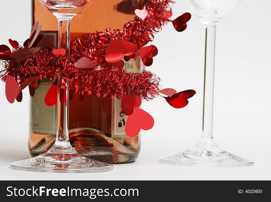 Valentine champagne and two glasses on white background. Valentine champagne and two glasses on white background.