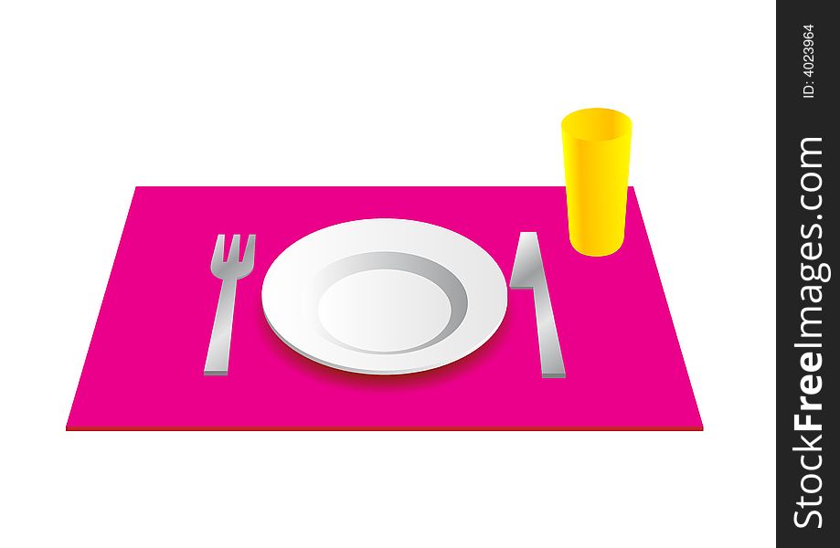 Cup, plate, knife and fork on pink desk. Cup, plate, knife and fork on pink desk