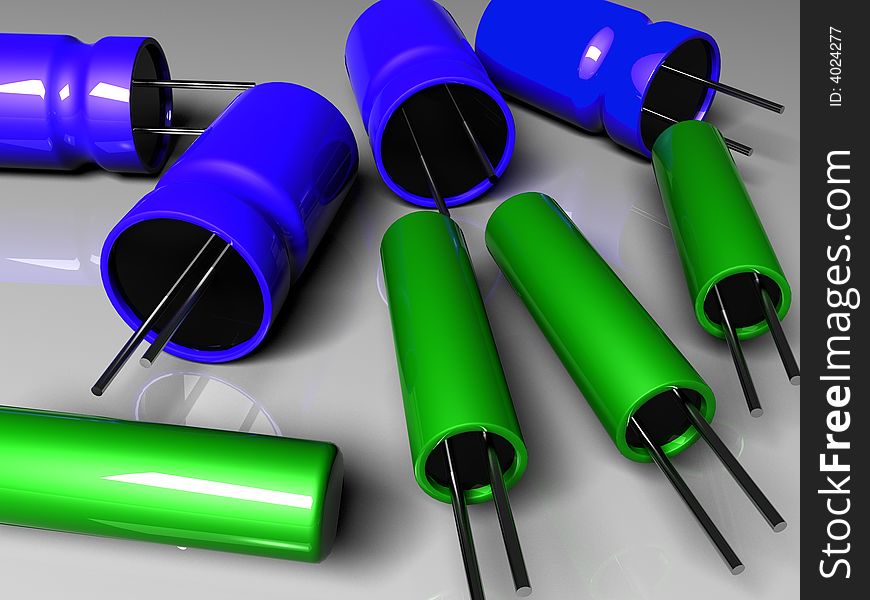 Radio components capacitors green blue three dimensional model