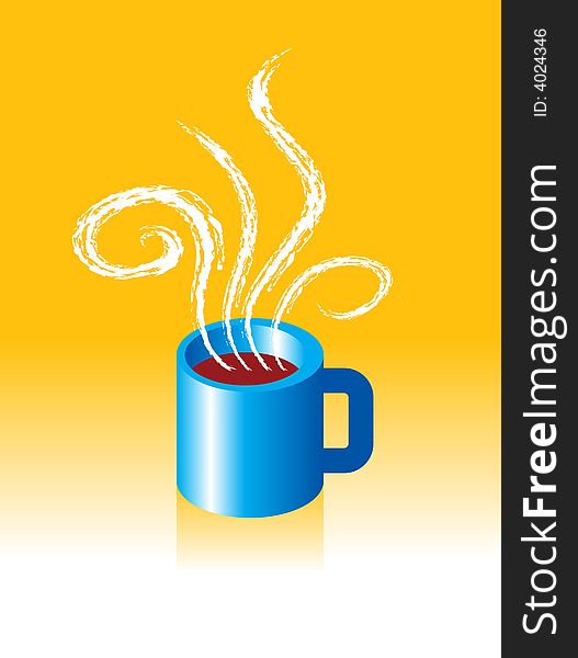 Blue cup of cofee on yellow background. Blue cup of cofee on yellow background