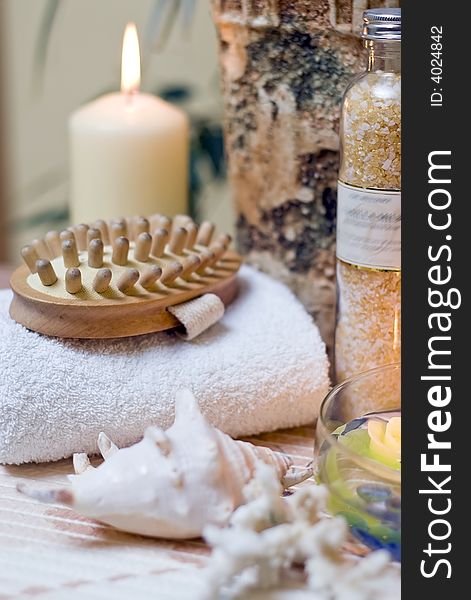 Some spa items with a massage brush focused. MORE SPA COMPOSITIONS ». Some spa items with a massage brush focused. MORE SPA COMPOSITIONS »