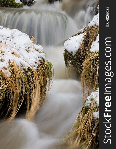 Snow, dry grass and stram river. Snow, dry grass and stram river