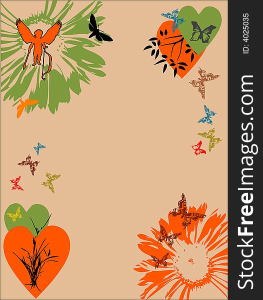 Abstract colored illustration with cupid silhouette, flowers, butterflies and hearts. Abstract colored illustration with cupid silhouette, flowers, butterflies and hearts