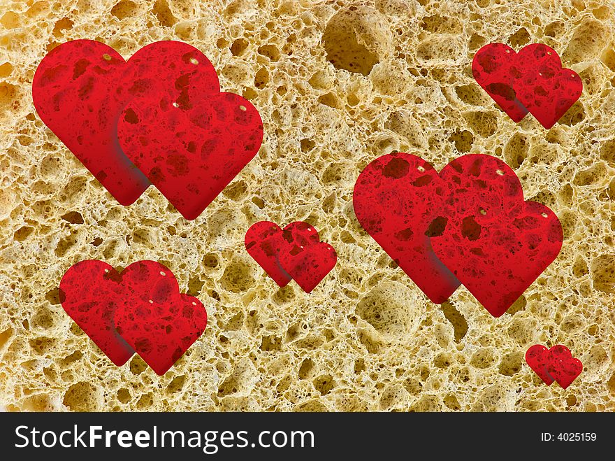 Red hearts on sponge texture. Red hearts on sponge texture