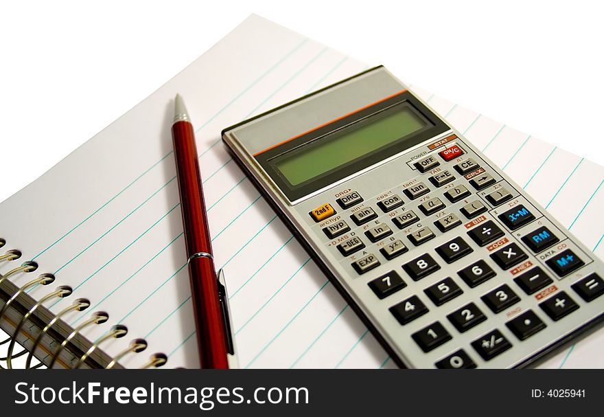 Scientific Calculator and Notepad isolated on white. Scientific Calculator and Notepad isolated on white