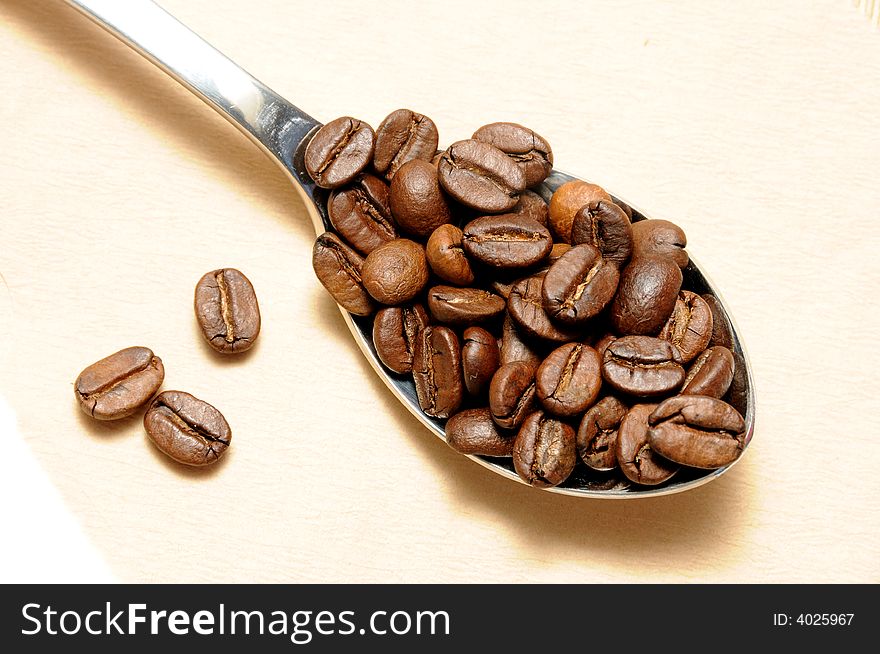 A view with coffee beans in a spoon