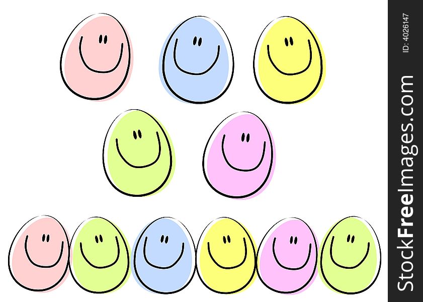 A clip art illustration featuring an assortment of happy face Easter eggs in pink, blue, yellow, green and purple. First 2 rows are separate and the bottom is a row for use as a border. A clip art illustration featuring an assortment of happy face Easter eggs in pink, blue, yellow, green and purple. First 2 rows are separate and the bottom is a row for use as a border