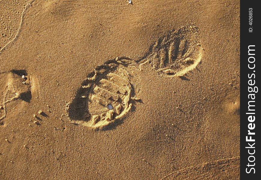 Footprint on wet sandy beach