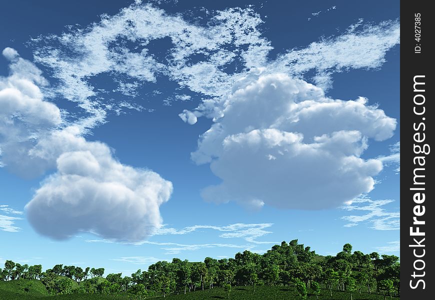 Green hills and beautiful sky with clouds - 3d scene
