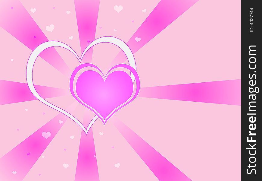 Two hearts against a pink vortex background. Two hearts against a pink vortex background.