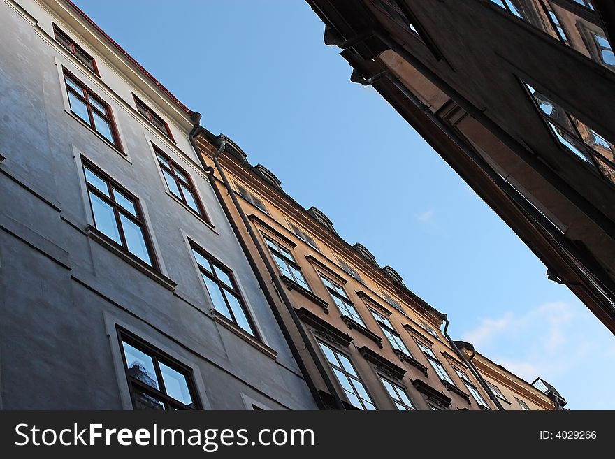 Residential buildings in Stockholm on blue sky. Sweden.