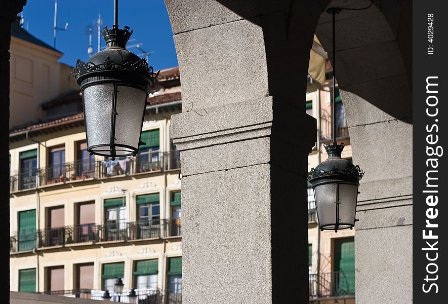 Lamps on Segovia's Plaza Mayor (Focus Isolated). Lamps on Segovia's Plaza Mayor (Focus Isolated)