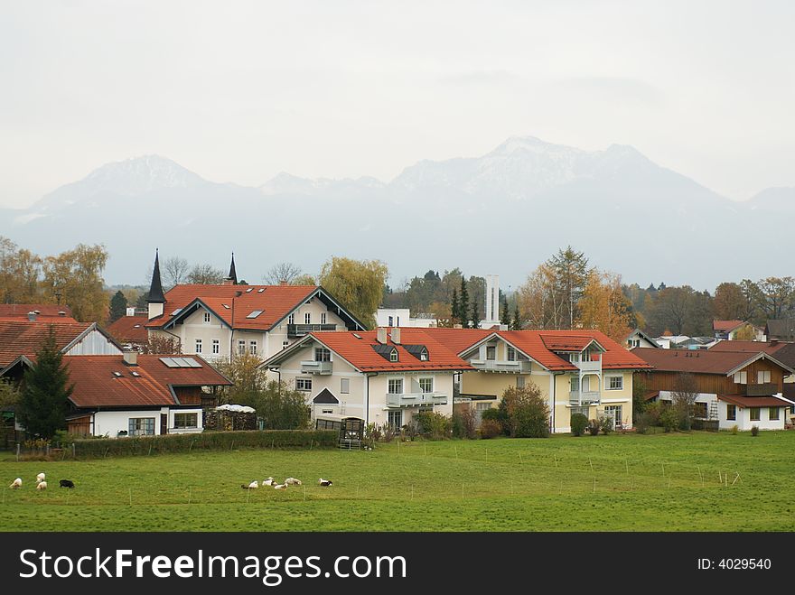 Village landscape with the green meadow and the Alps on background