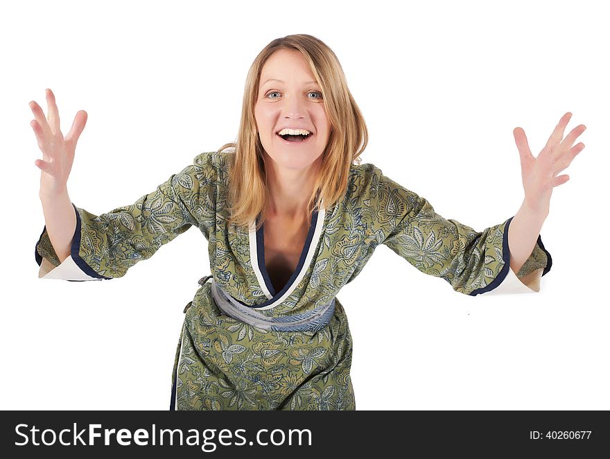 Blonde woman in a kimono is smiling