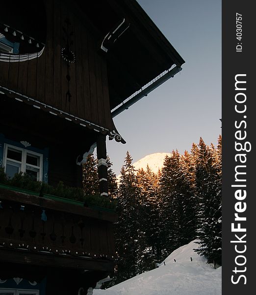 A shot in the alps with a beutiful sky and an alpine restaurant. A shot in the alps with a beutiful sky and an alpine restaurant.