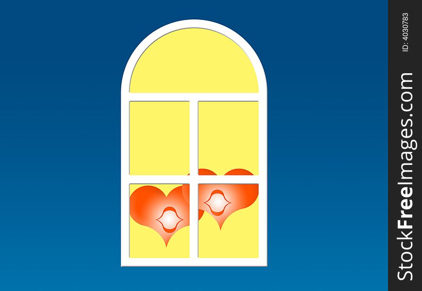 Two red hearts in a window on a color background. Two red hearts in a window on a color background