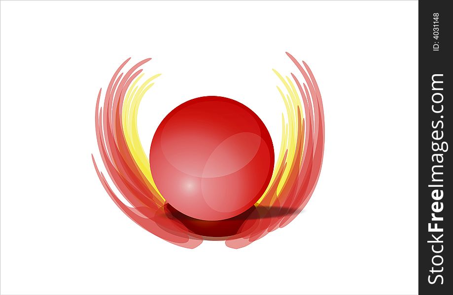 3d red ball with red and yellow wings. 3d red ball with red and yellow wings